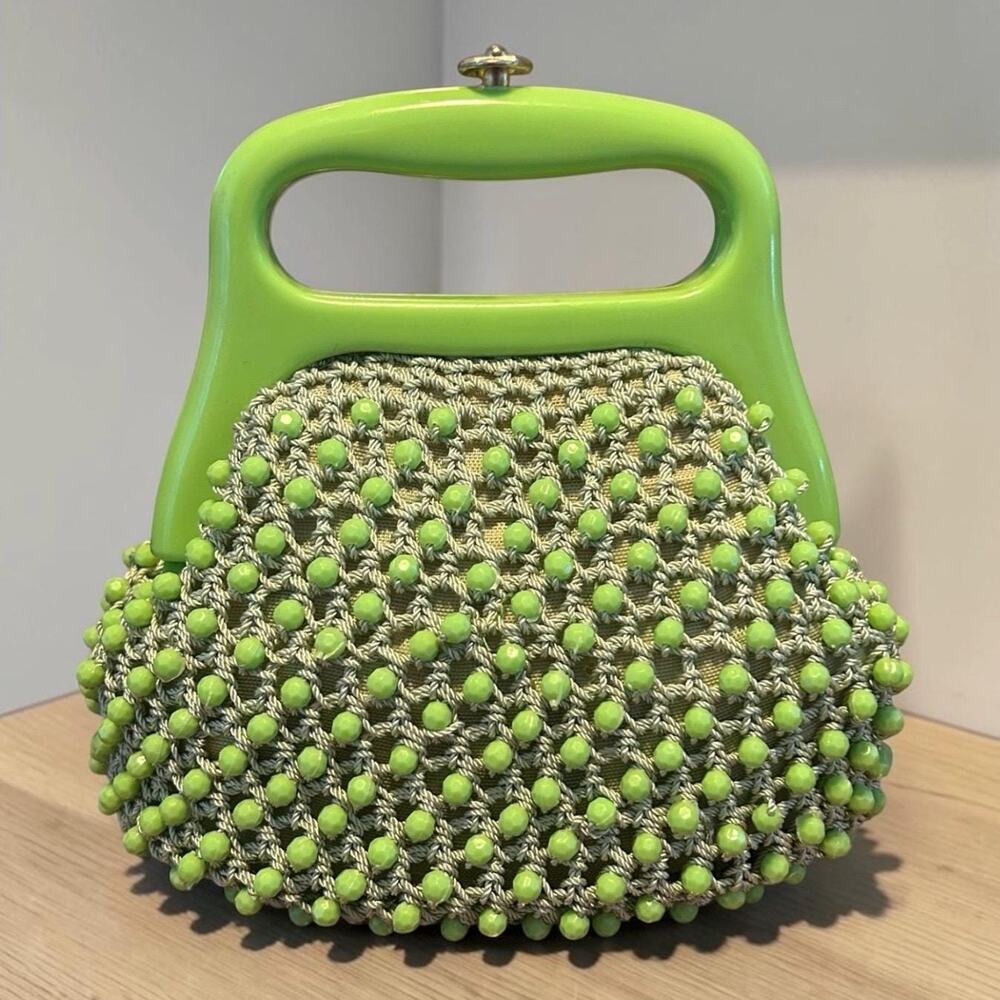 1960s Delill Handmade Italy Beaded Lucite Lime Green Mod Handbag